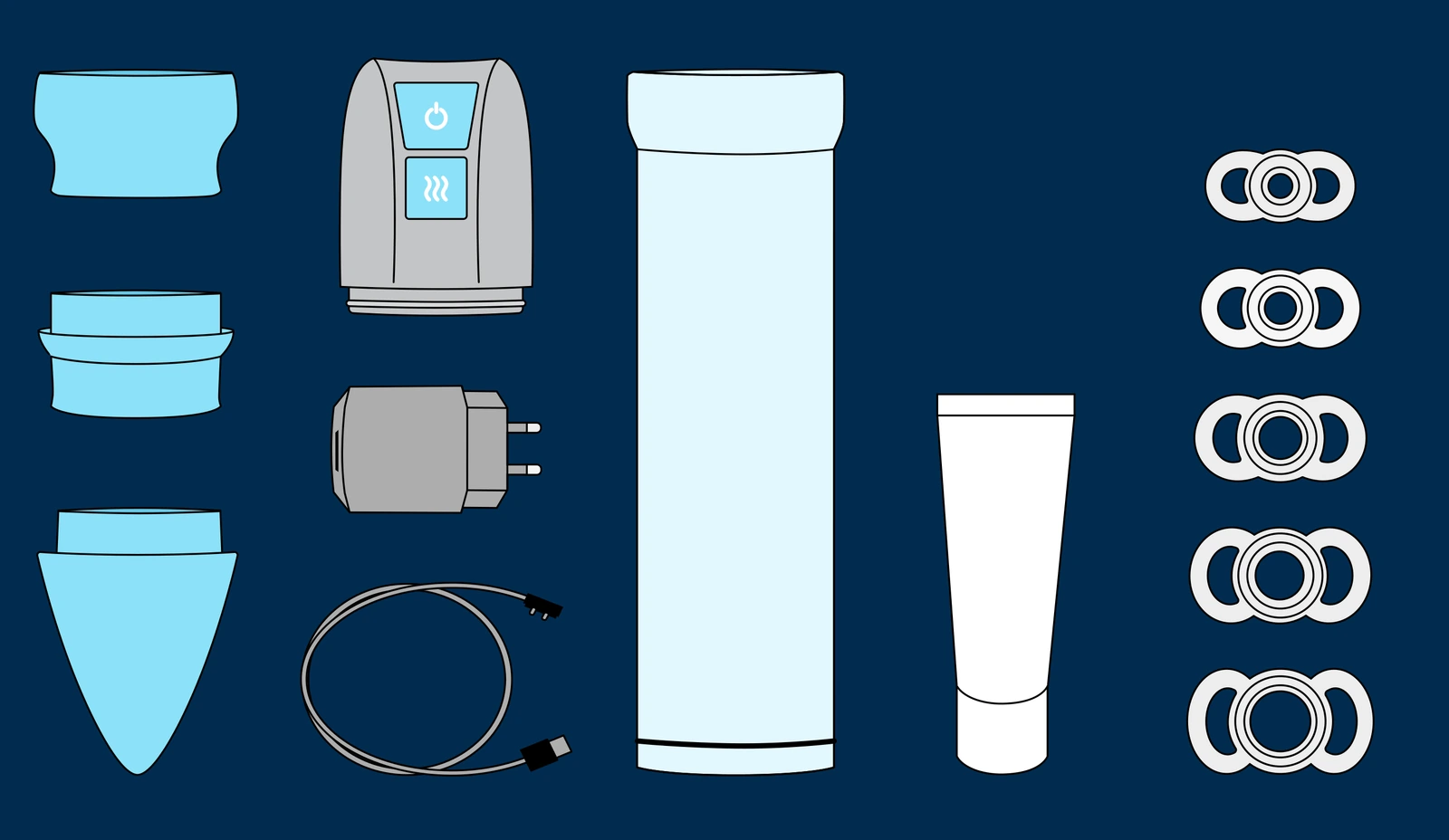 Active3 setinin parçaları: küçük kovan, büyük kovan, koni, pompa başlığı, USB adaptör, şarj kablosu, şeffaf silindir, kayganlaştırıcı tüpü ve beş ölçü konstriksiyon halkası