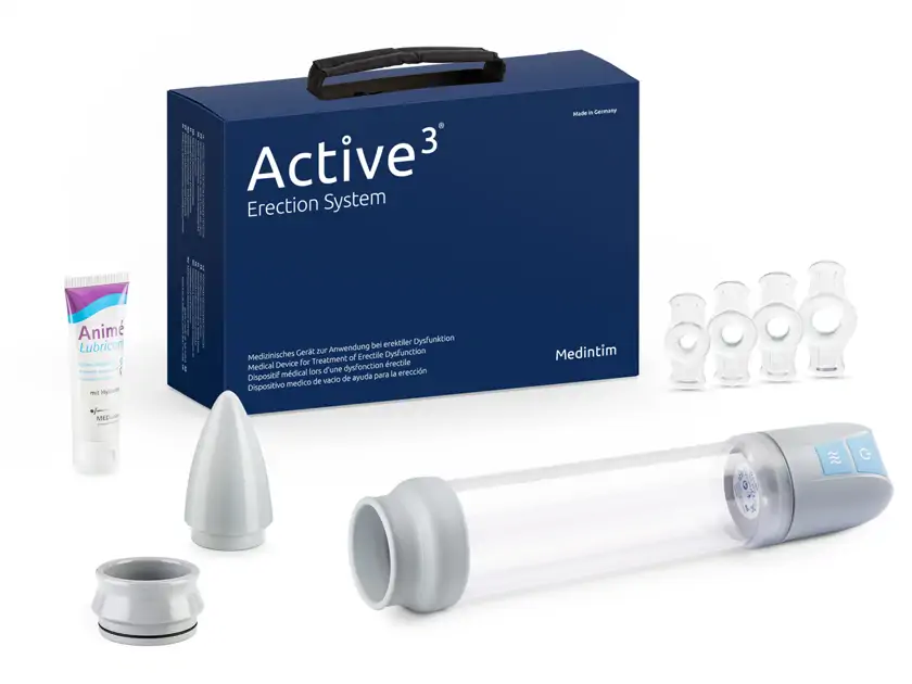 Active3 Ereksiyon Sistemi setinin tamamı: lacivert taşıma kutusu, elektrikli pompa başlıklı şeffaf silindir, koni, halka yükleyici, konstriksiyon halkaları ve Animé kayganlaştırıcı